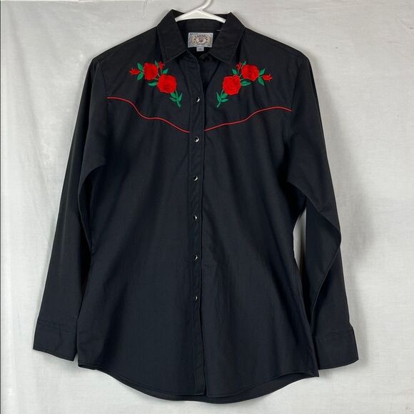 Vintage Ely Country Charmers Embroidered Black and Red Roses Cowgirl Pearl Snap - Picture 1 of 8